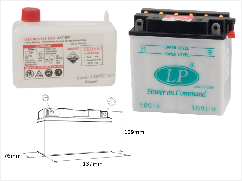 LANDPORT akumulátor YB9L-B (MD LB9L-B) 12V 9AH 137X76X140 (12N9-3B) obsluhovatelný - elektrolyt zvlášť (4) UE48